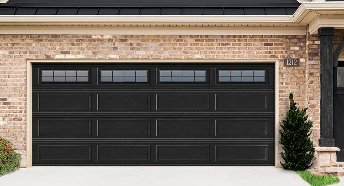 Ranch Panel Steel Garage Door with Black Paint Finish and Stockton II Windows